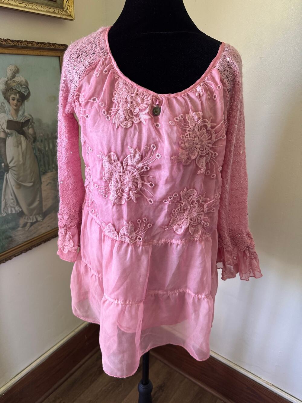 Multiples Pink Embroidered Sequin Tunic Top S Whimsygoth Boho Coin Charm